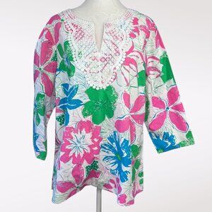 Talbots Floral Cotton Blouse 3/4 Sleeve Embroidered Neckline Size Large